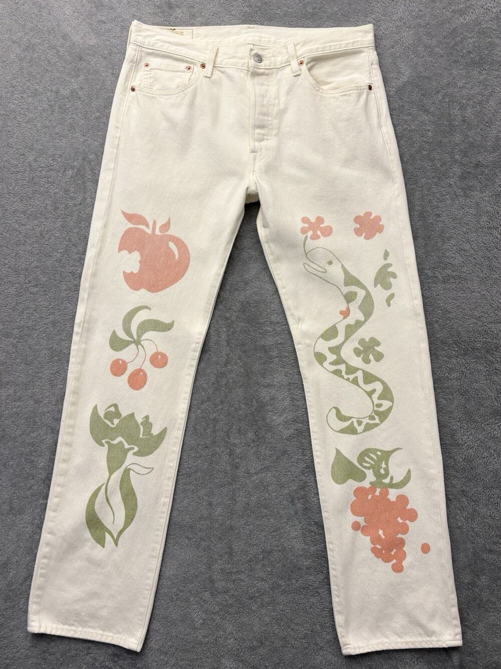 Levi’s Premium 501 Adam’s Apple Jeans 33x32 Off White Button Fly Crazy Legs BigE